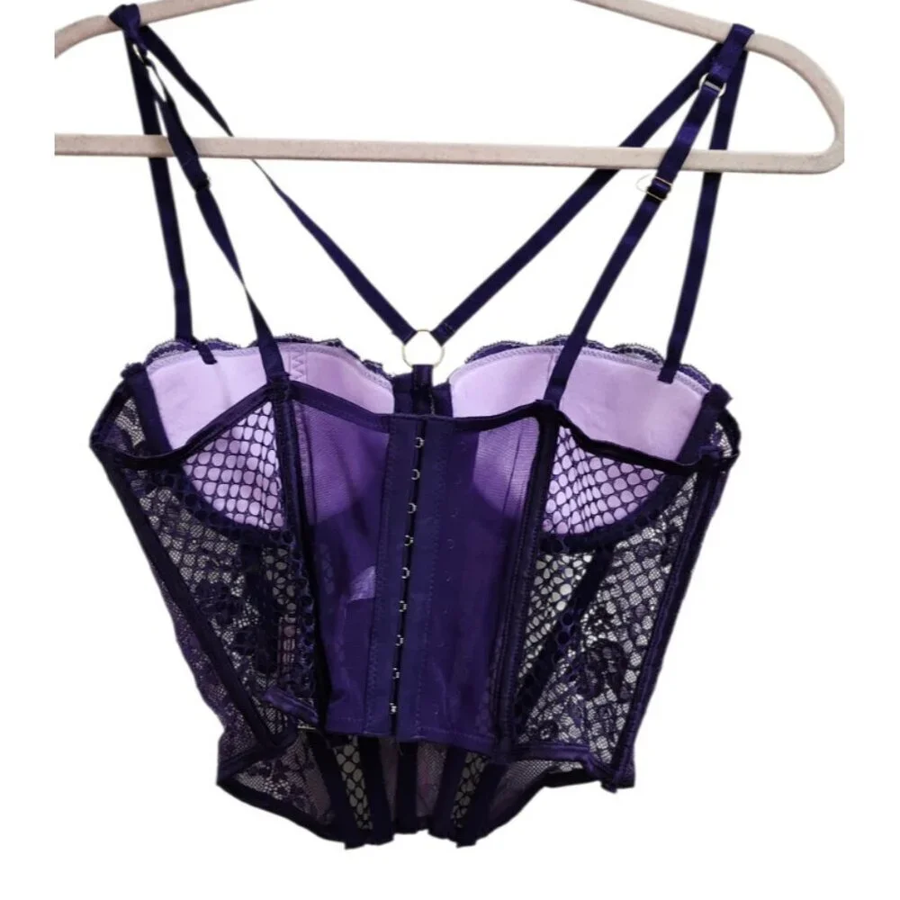 Adore Me Purple Lace Corset Bustier 36B Underwire Sheer Mesh Lingerie Top NWT